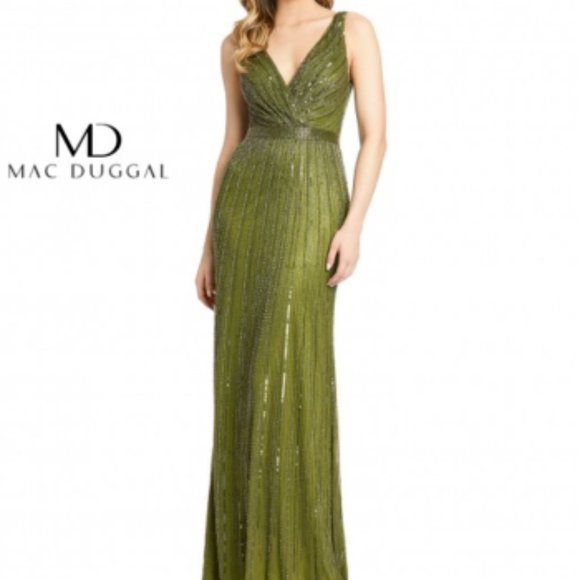 MAC DUGGAL 5219D BEADED V-NECK OLIVE GOWN sz 14 - Picture 2 of 9
